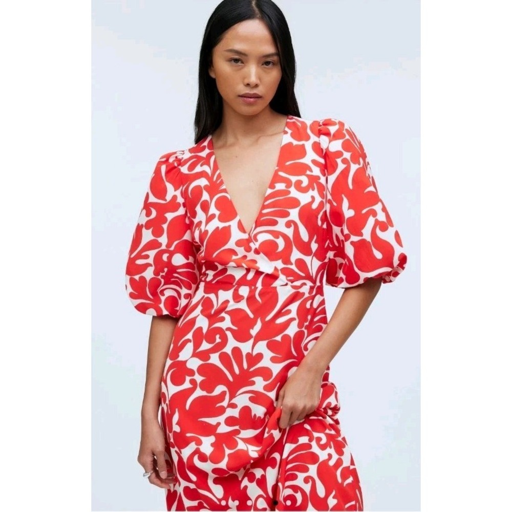 Rhode Ina Midi Dress W/ Puff Sleeves in Red Caspi Sz 6 NWT MSRP $450 - Picture 5 of 14